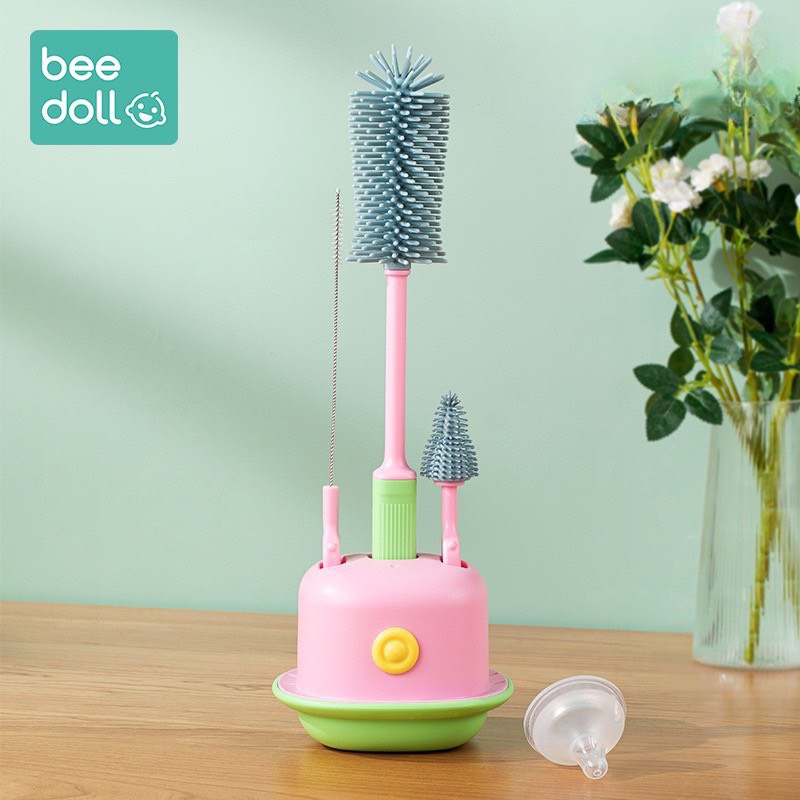 Bộ Cọ rửa bình sữa cọ núm ti Silicon và cọ ống hút BeeDoll 3 Ch Tiết Cao Cấp (Tặng kèm giá đỡ thoát nước)