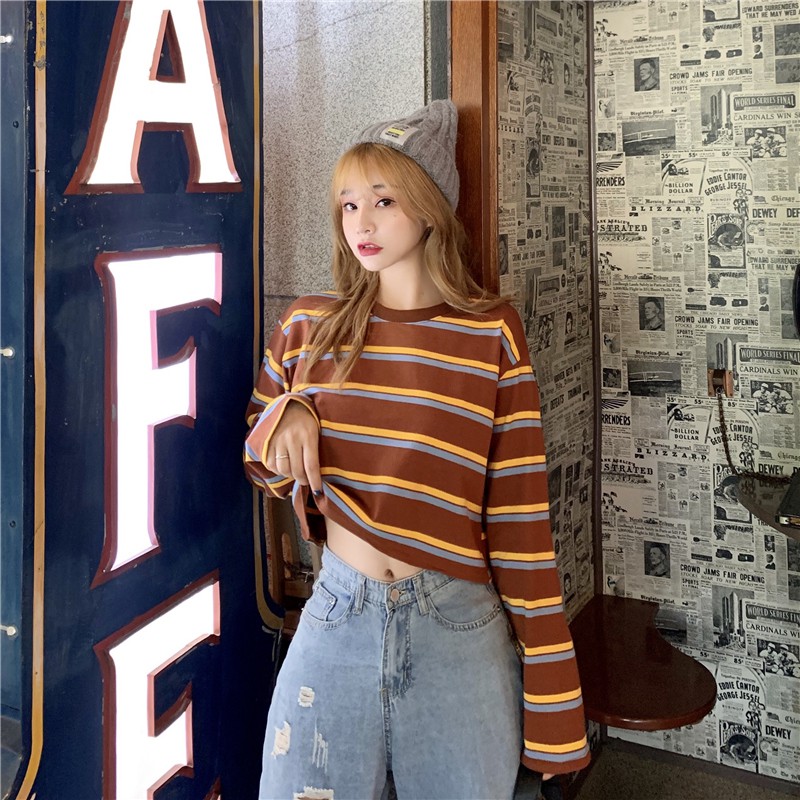 Long Sleeve Striped T-shirt loose retro fashion crew neck | BigBuy360 - bigbuy360.vn