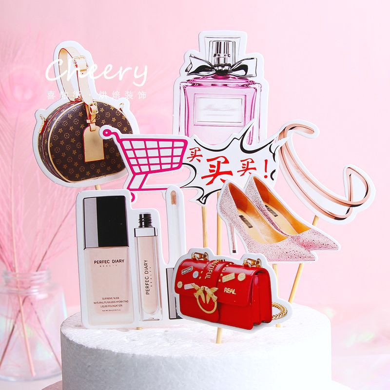 Phụ kiện trang trí bánh sinh nhật_Set que cắm mỹ phẩm, nước hoa, túi LV