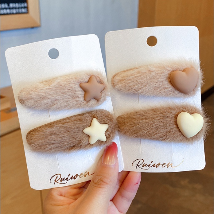 bộ combo set 2 chiếc cặp tóc lôngmàu vintage họa tiết xinh xắn dễ thương phong cách Hàn Quốc