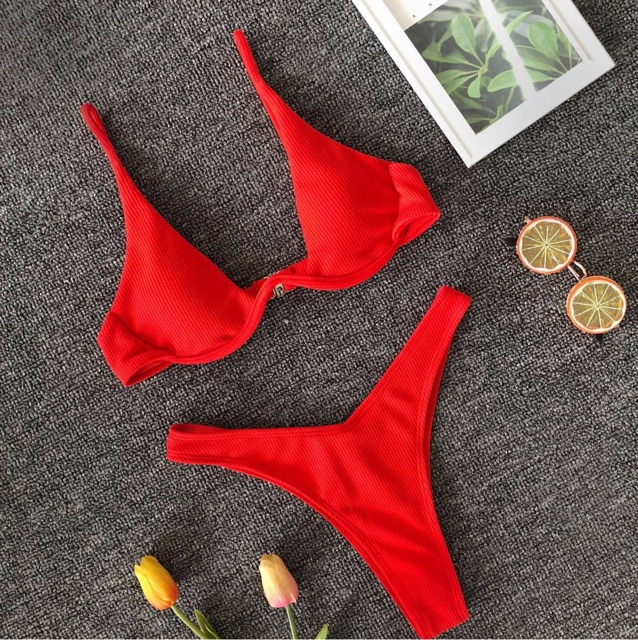 [BKN103N] &lt;ÂU&gt; SET BIKINI VẢI GÂN 4 MÀU QUẦN THONG/LỌT KHE (CÓ GỌNG)