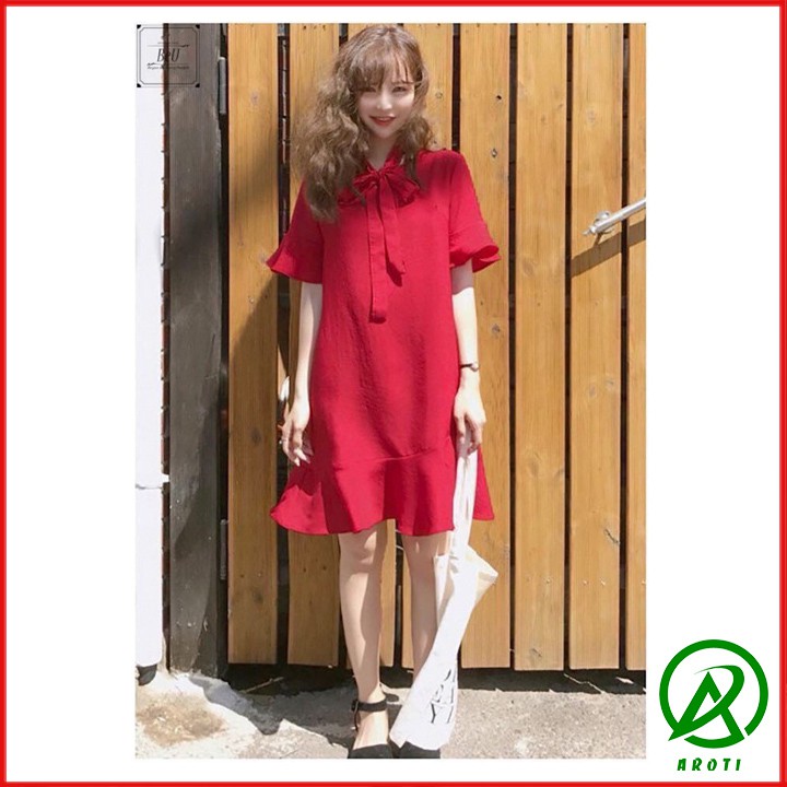 Váy đuôi cá buộc nơ chất đũi màu đỏ xinh cute dã man R100
