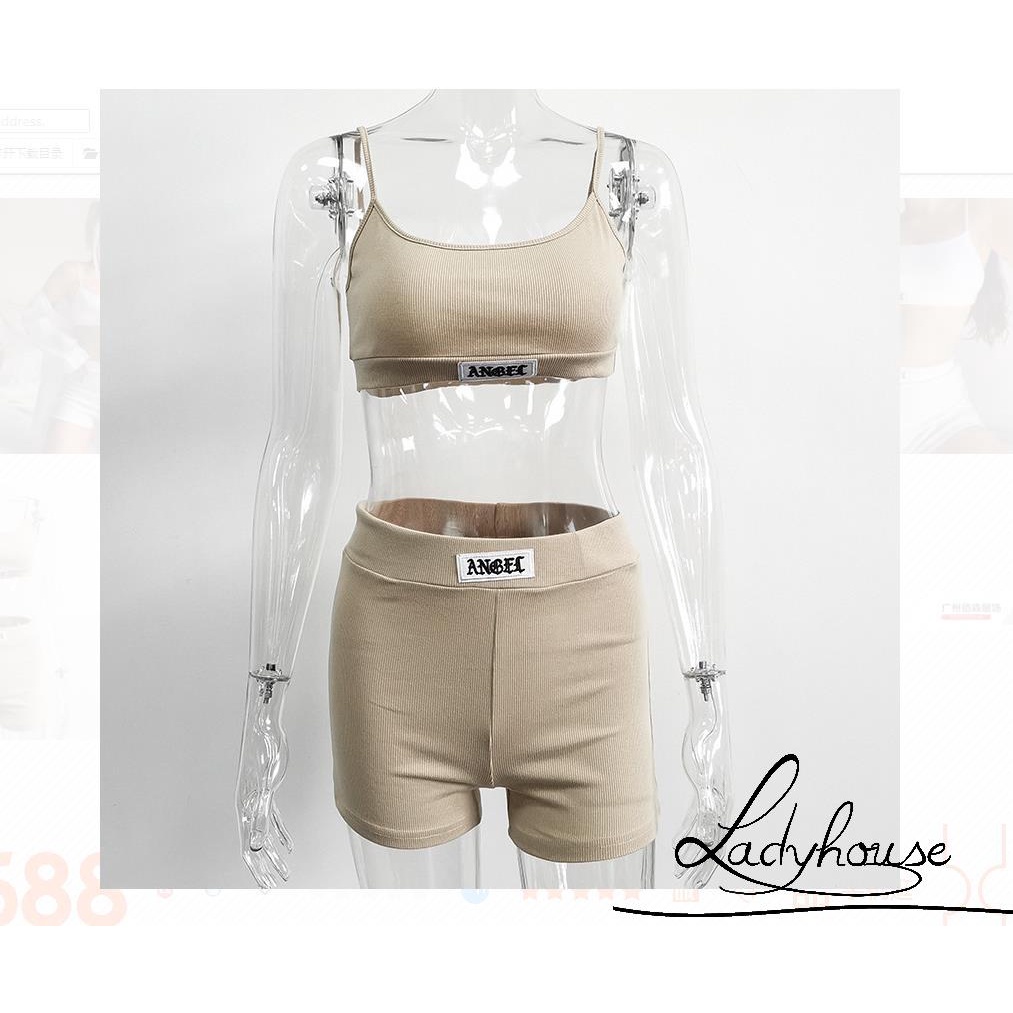 Bộ 2 Món Áo Croptop Hai Dây Cổ Chữ U In Chữ + Quần Ngắn Mùa Hè Cho Nữ