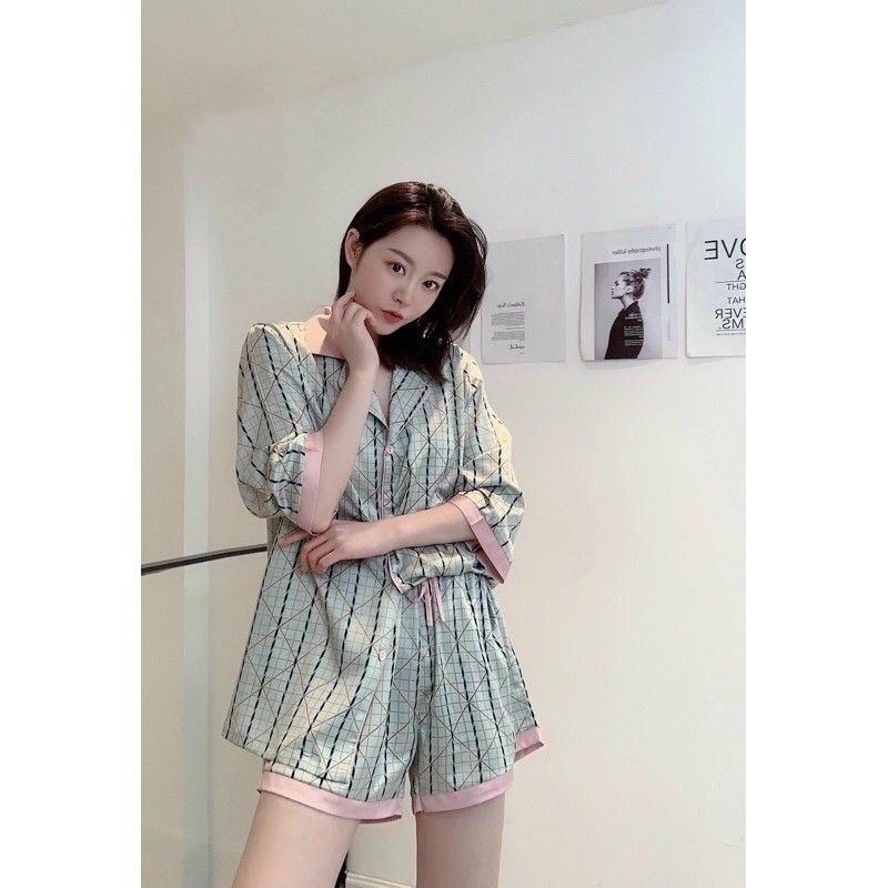 Pijama tay ngắn quần đùi Sherllar 5 lụa satin cao cấp quảng châu