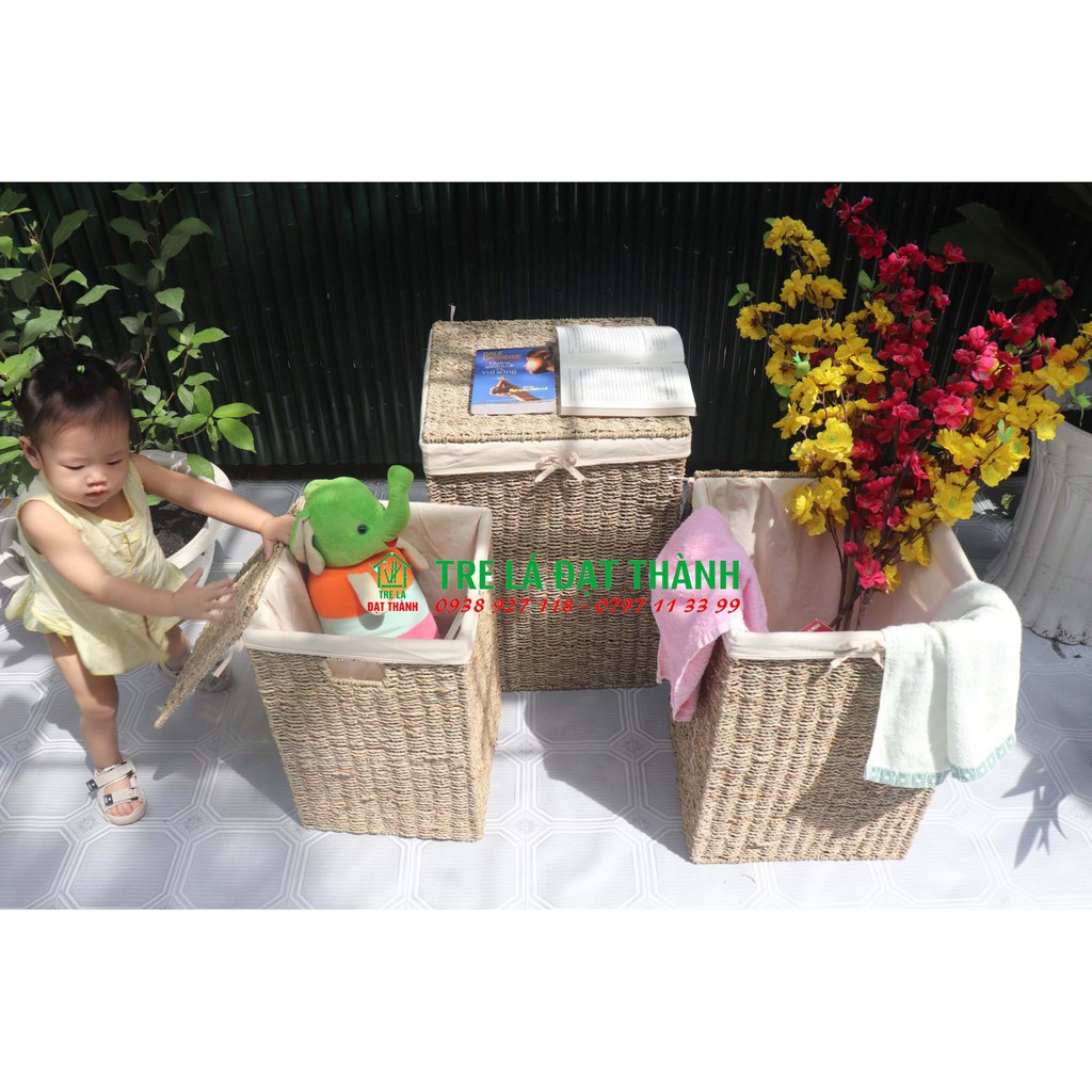 Giỏ đựng đồ đa năng Vintage, thùng cói đựng quần áo có nắp và có lót vải, thùng cói c1, c2 và c3
