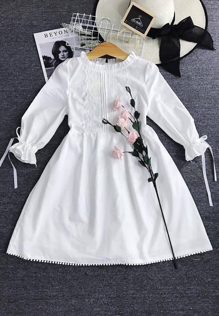 Đầm váy babydoll trắng tay nơ (kèm hình thật)