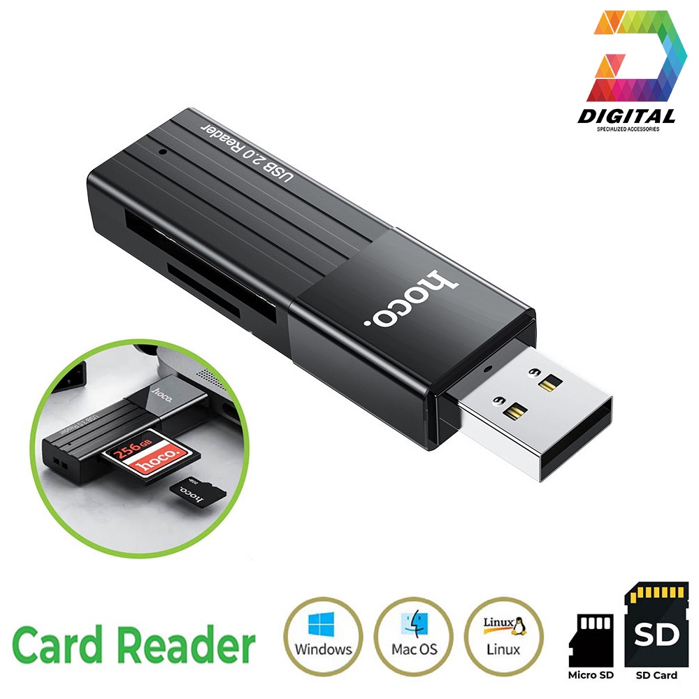 Đầu Đọc Thẻ Nhớ 2.0 Hoco HB20 Chính Hãng, Khe Cắm Thẻ SD &amp; Micro SD