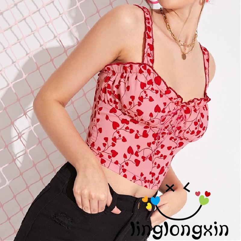 Áo croptop hai dây không tay viền bèo in họa tiết trái tim cho nữ