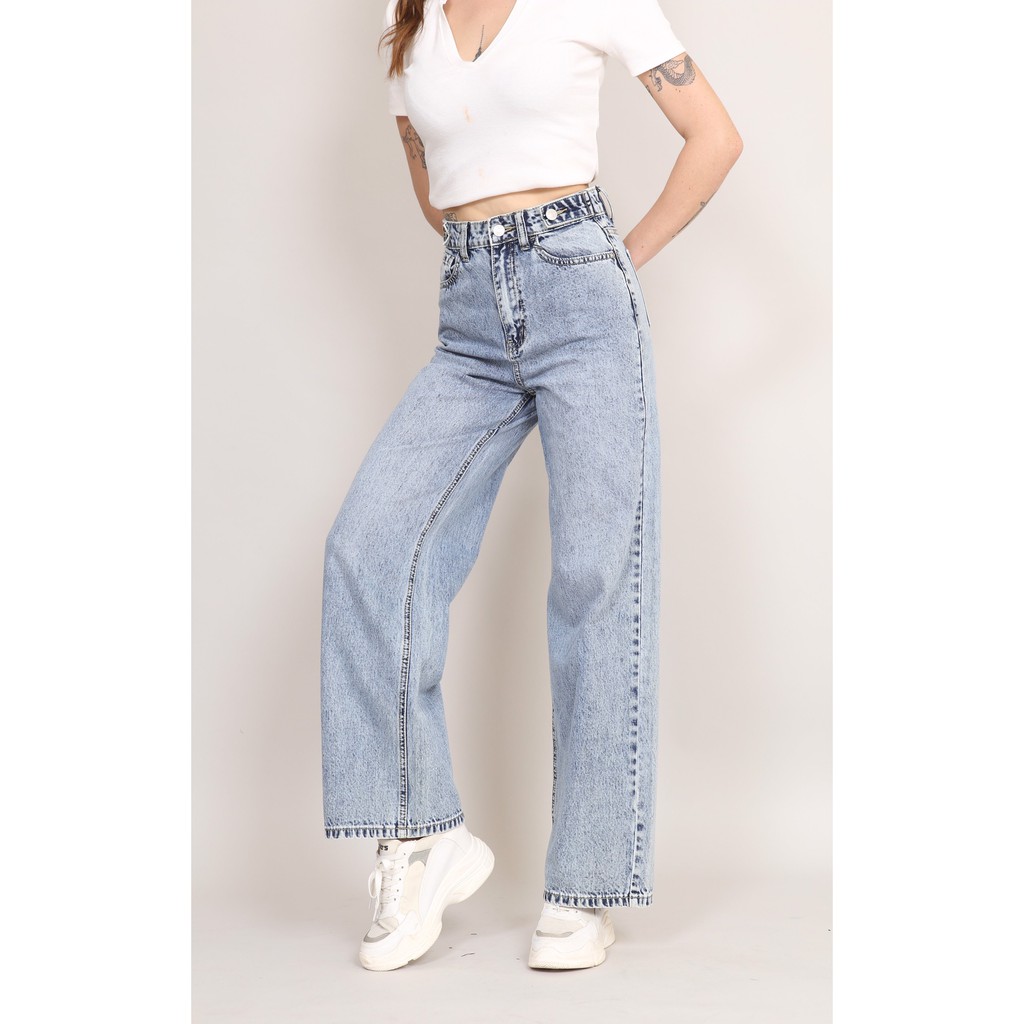 Quần Jeans Nữ Ống Rộng Lưng Cao Trơn Dáng Dài Co Giãn CT JEANS