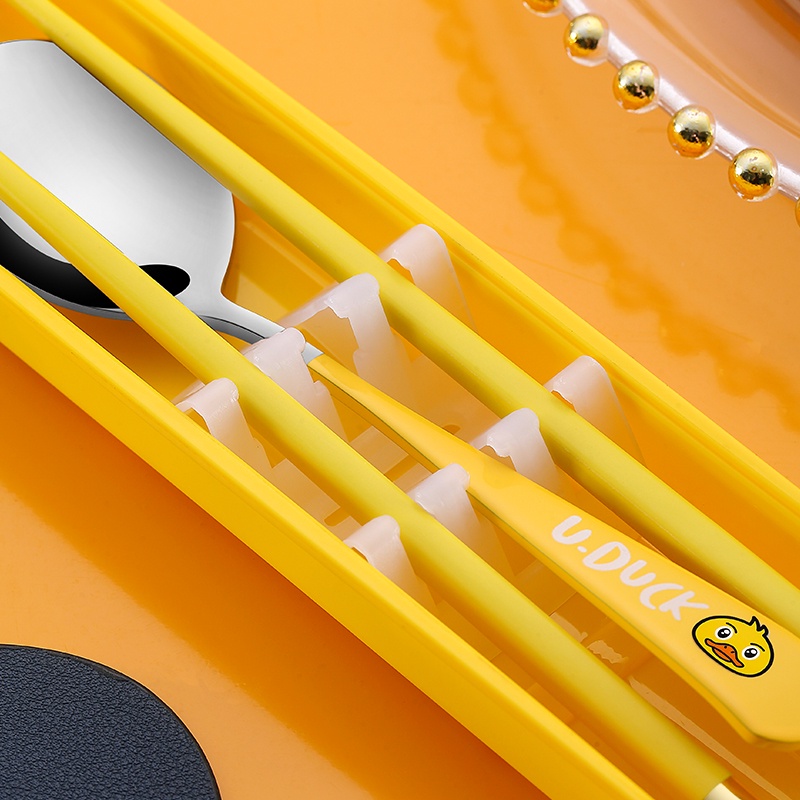 Vịt vàng mới Bộ muỗng đũa nĩa inox cá nhân văn phòng du lịch dễ thương kèm hộp ChiChi