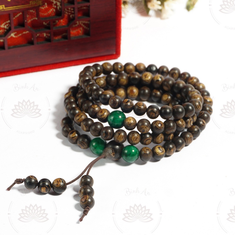 Vòng Tay Trầm Hương 108 Hạt Sánh Chìm Nước mix Charm - Chuỗi Tràng Hạt - Trầm Hương Tự Nhiên size 8 ly