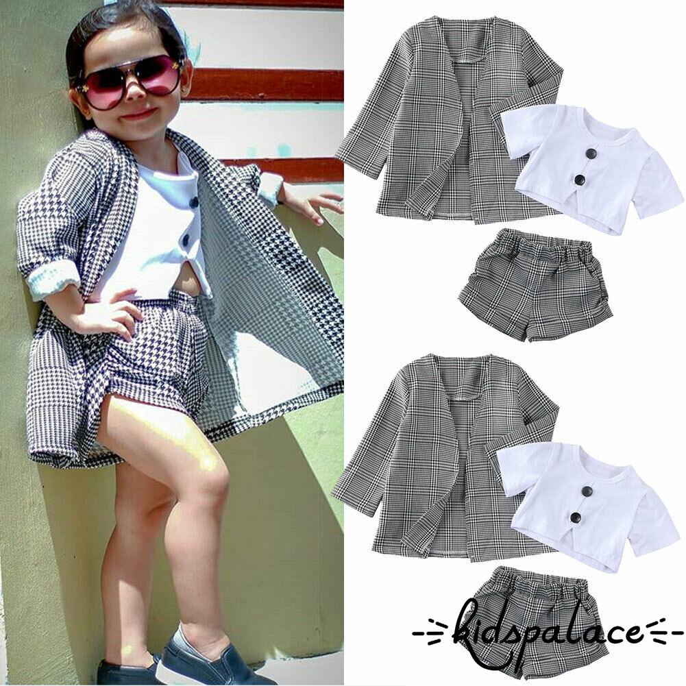 ➤♕❀❤Children Girls Summer Outfits Long Sleeve V Neck Plaid Printed Outwear Jacket Coat + Shorts + Short Sleeve Tank Top