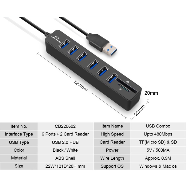 Ổ cắm Hub USB 2.0 6 cổng/ 3 cổng Micro SD / TF cho máy tính