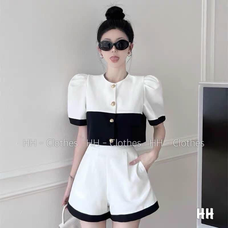 Set áo viền trắng crt phối cùng quần short  mẫu đẹp thiết kế, đính khuy ngọc cao cấp
