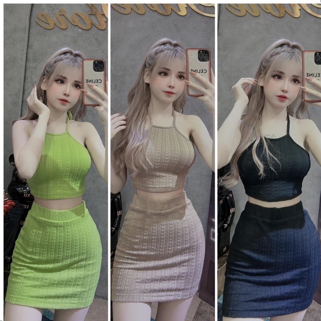 Set 2 món gồm chân váy chữ A lưng thun kèm áo croptop cổ yếm 2 dây chất thun gân xương cá