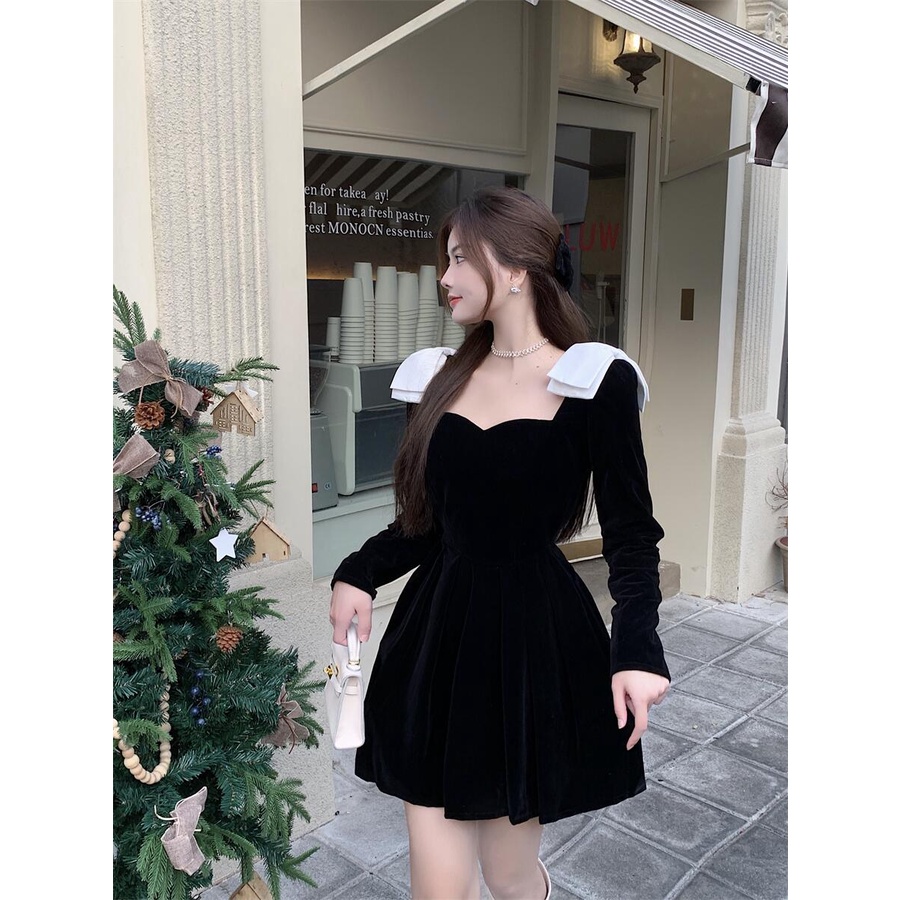 Đầm nhung dáng chữ A hàng Quảng Châu cao cấp đầu xu hướng mùa thu váy ngắn ngọt ngào phong cách tiểu thư