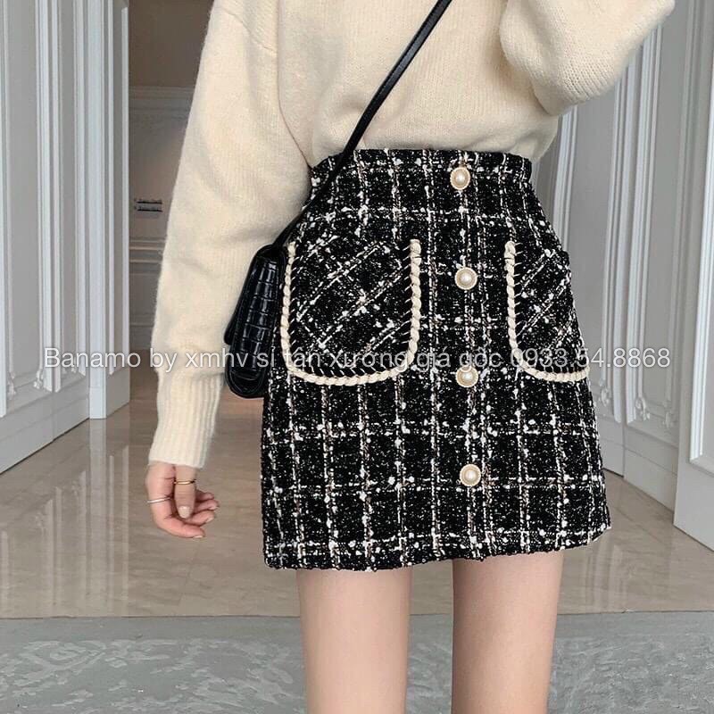 Chân váy dạ hottrend 2 túi phối khuy ngọc thời trang Banamo Fashion 5913