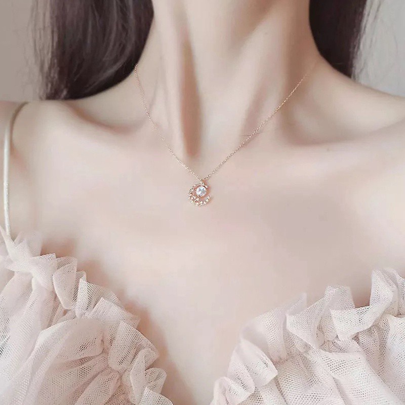Vòng cổ Bạc 925 Mặt Hình Mặt Trăng Không Màu Phong Cách Punk Cổ Điển Thời Trang Cho Nữ