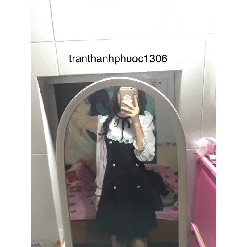 SẴN Váy đen phối tay trắng cổ bèo buộc nơ đính cúc (ảnh thật) | BigBuy360 - bigbuy360.vn