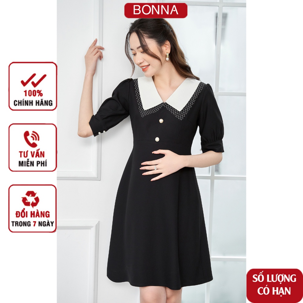 Váy bầu công sở BONNA dáng suông A thanh lịch, chất liệu tuytsi Hàn cao cấp, phối cổ trắng lưới nhã nhặn (đỏ, đen) VS128