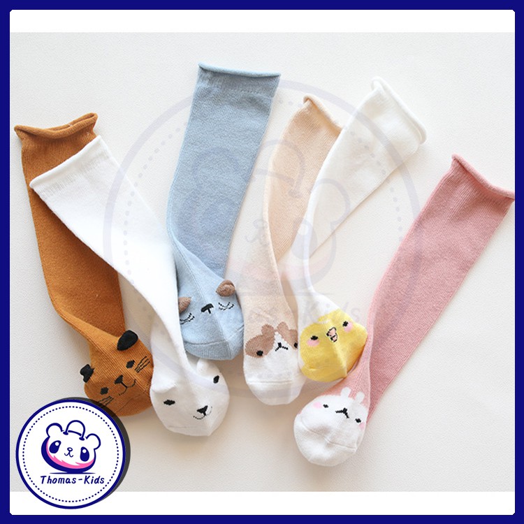 Tất Cotton dài qua gối màu trơn in họa tiết động vật dễ thương cho bé 1-3 tuổi