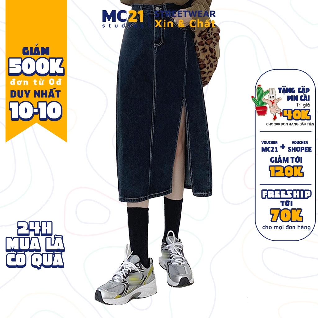 Chân váy jeans dài xẻ vạt MINIONCLOTHING lưng cạp cao Ulzzang Streetwear Hàn Quốc chất bò xịn dày dặn V6638