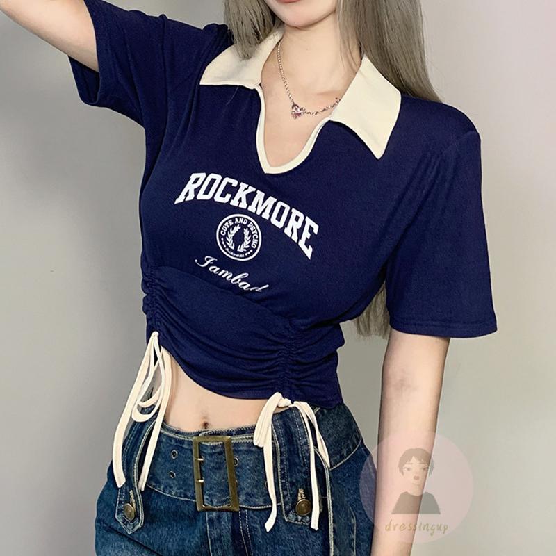 Áo Thun Nữ Ngắn Tay Cổ Chữ V Dây Rút Thời Trang