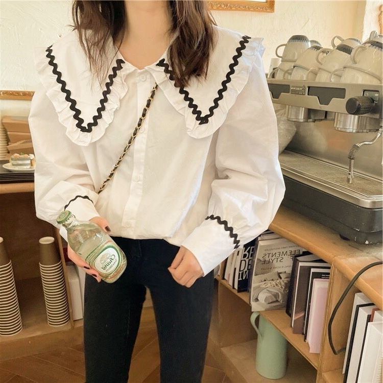 Áo sơ mi trắng cổ bèo viền ren- sơ mi dài tay trơn from rộng oversize tay bồng chất thô mềm phong cách ulzzang hàn quốc