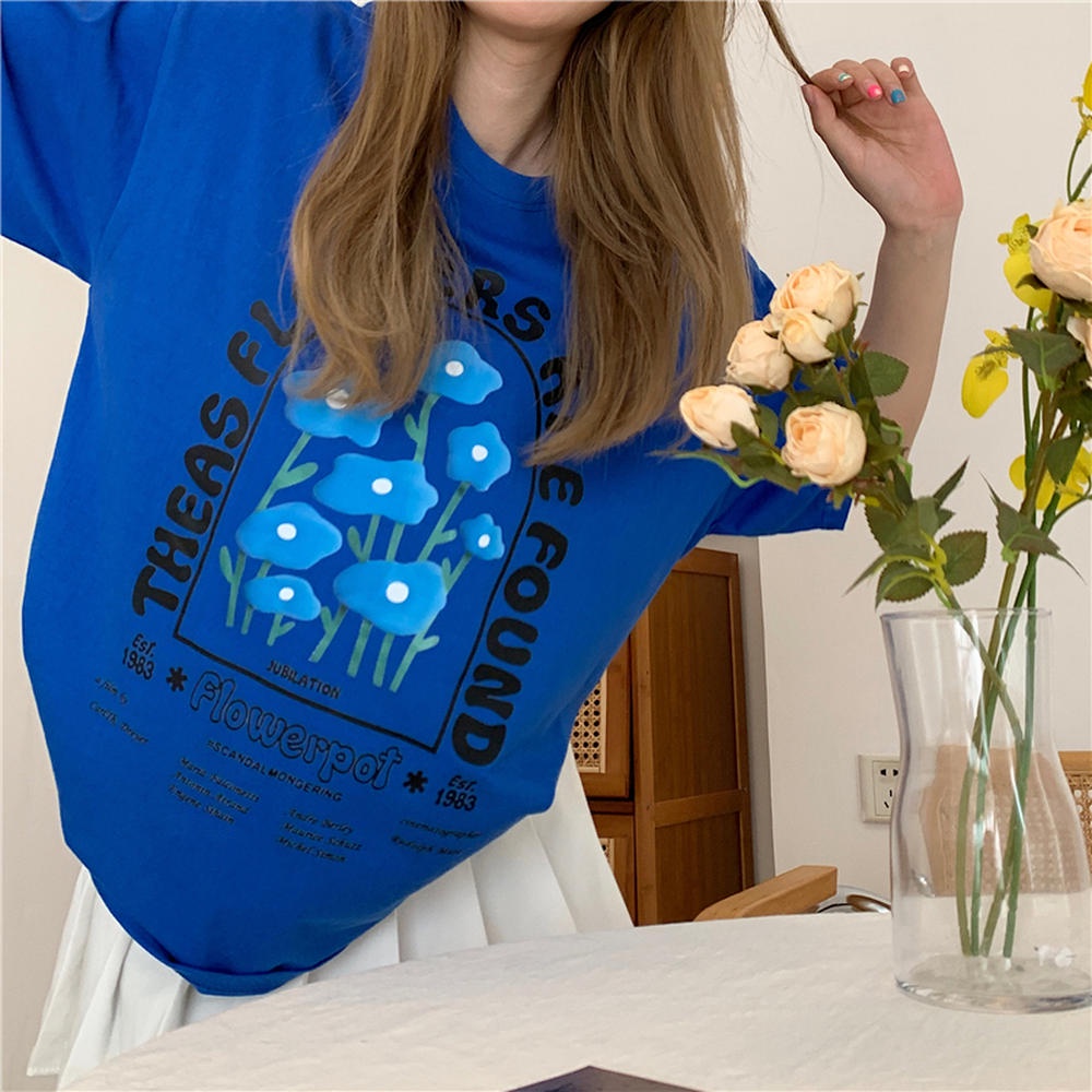 Áo Thun Tay Ngắn Cổ Tròn In Chữ Và Hoa Form Rộng Phong Cách Retro 50012