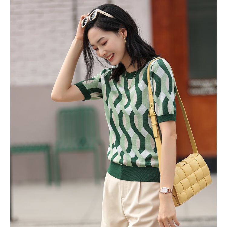 Đầmváy dáng dài▽Băng lụa dệt kim ngắn tay nữ mùa hè sọc retro jacquard lỏng áo len chui đầu cổ tròn mỏng kiểu p