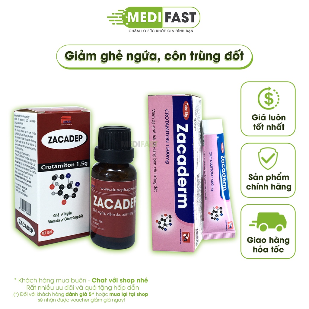 Giảm ghẻ ngứa côn trùng đốt dạng nước Zacadep lọ 15ml và Zacaderm tuýp 15g dạng kem  bôi lên da, móng, tóc