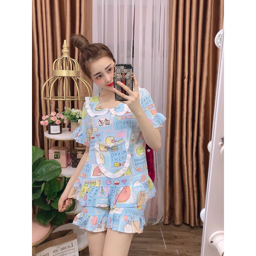 Set đồ bộ mặc nhà nữ họa tiết hoạt hình chất lụa satin mặc mát mùa hè, bộ đồ ngủ nữ