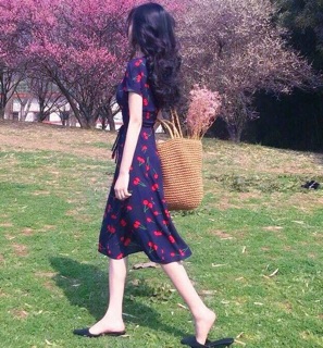 Đầm cherry xanh form dài (kèm hình thật)