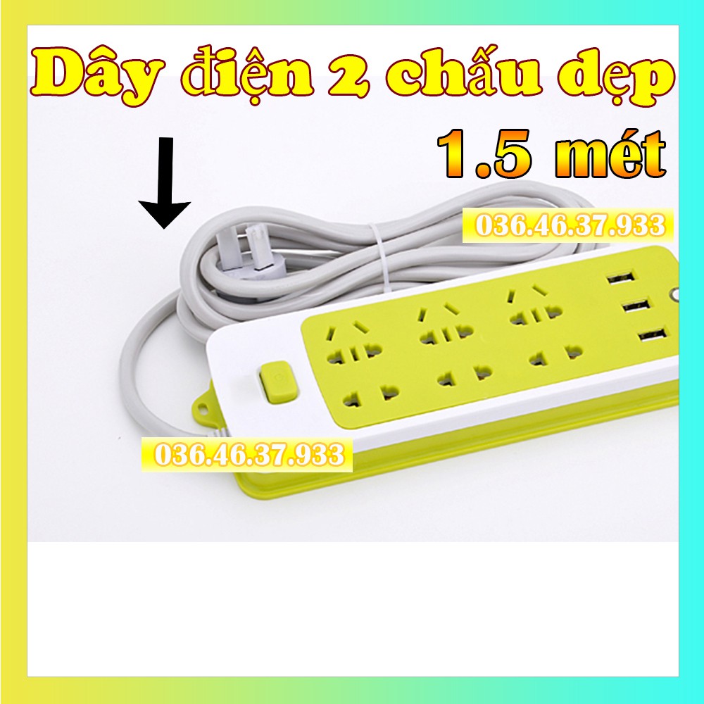 Ổ cắm điện đa năng có cổng USB sạc nhanh thông minh dây dài 1,5m thiết kế 6 lỗ chắc chắn màu xanh lá an toàn cách điện