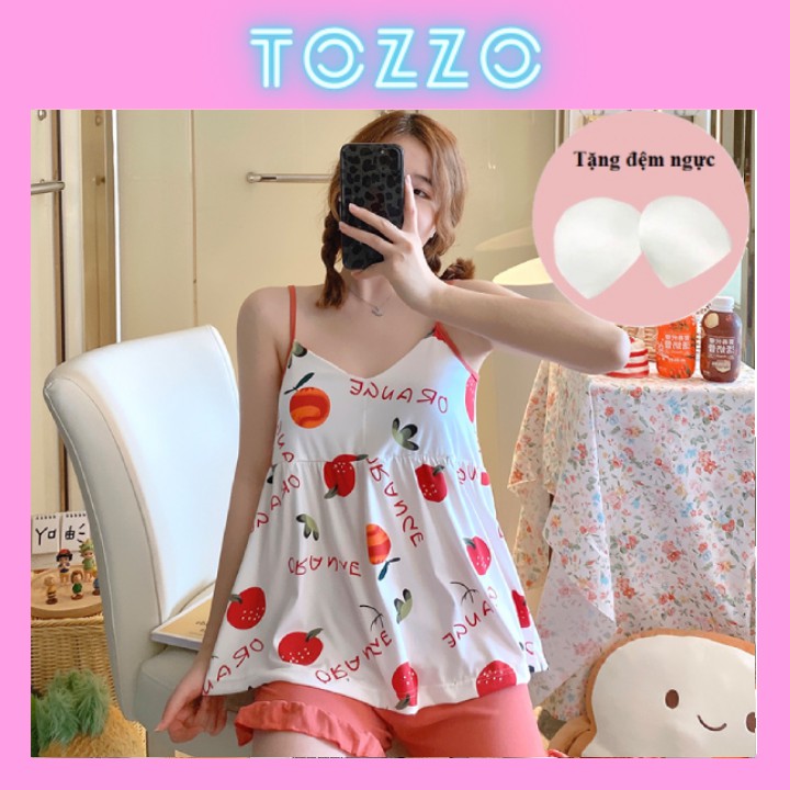 Bộ ngủ 2 dây cotton có lót đệm mút  ngực họa tiết cute mặc nhà phong cách hàn quốc B2DN01