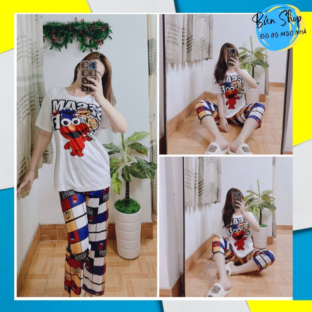 Đồ bộ mặc nhà nữ kiểu dáng quần dài áo ngắn tay,chất liệu thun lạnh mỏng thoáng mát,bộ đồ ngủ tay ngắn xinh xắn