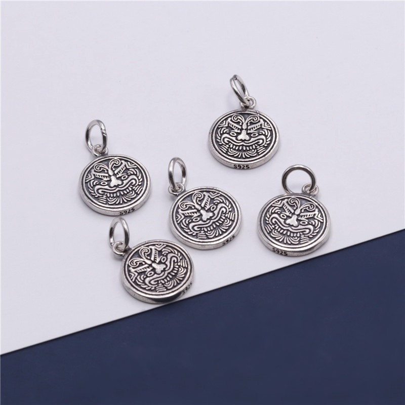 Mặt Dây Chuyền Tròn Bằng Bạc 925 Thái Mạ Bạc Thái Họa Tiết Rồng Thần Thoại Handmade DIY