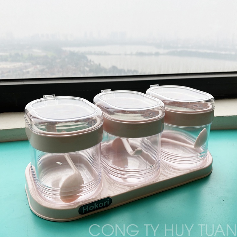 Kệ đựng gia vị - Bộ 3 hủ đựng gia vị Hokori Việt Nhật 2936 cao cấp có tặng kèm khay đựng (HGV03)