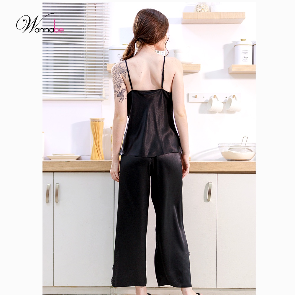 Đồ bộ mặc nhà phi lụa cao cấp Wannabe, bộ dài BDS41 cúp ngực viền ren gợn sóng nữ tính quý phái