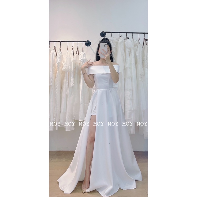 Váy cúp phi xòe xẻ bệt vai nơ đan lưng - Váy cưới thiết kế đơn giản-H316
