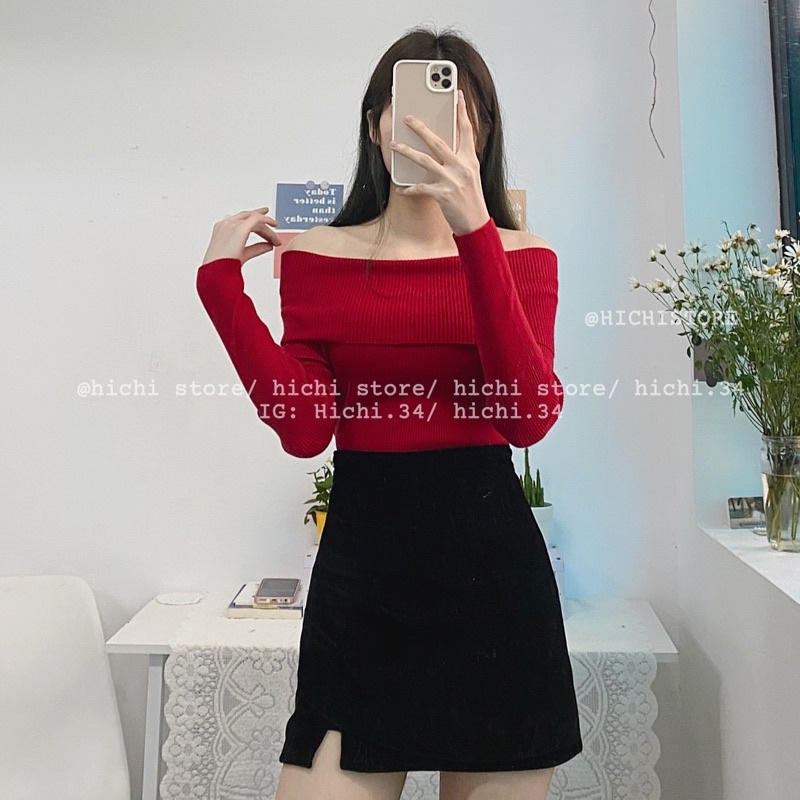 chân váy cạp lệch nhung và áo len trễ vai ảnh thật video hichi | BigBuy360 - bigbuy360.vn