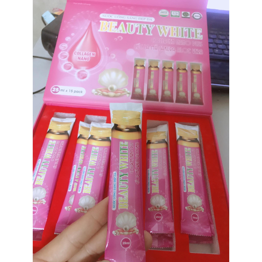 Nước uống sáng đẹp da Beauty White Collagen Nano Plus Cúc La Mã Sakura Aloe Vera (hộp 15 túi nước )