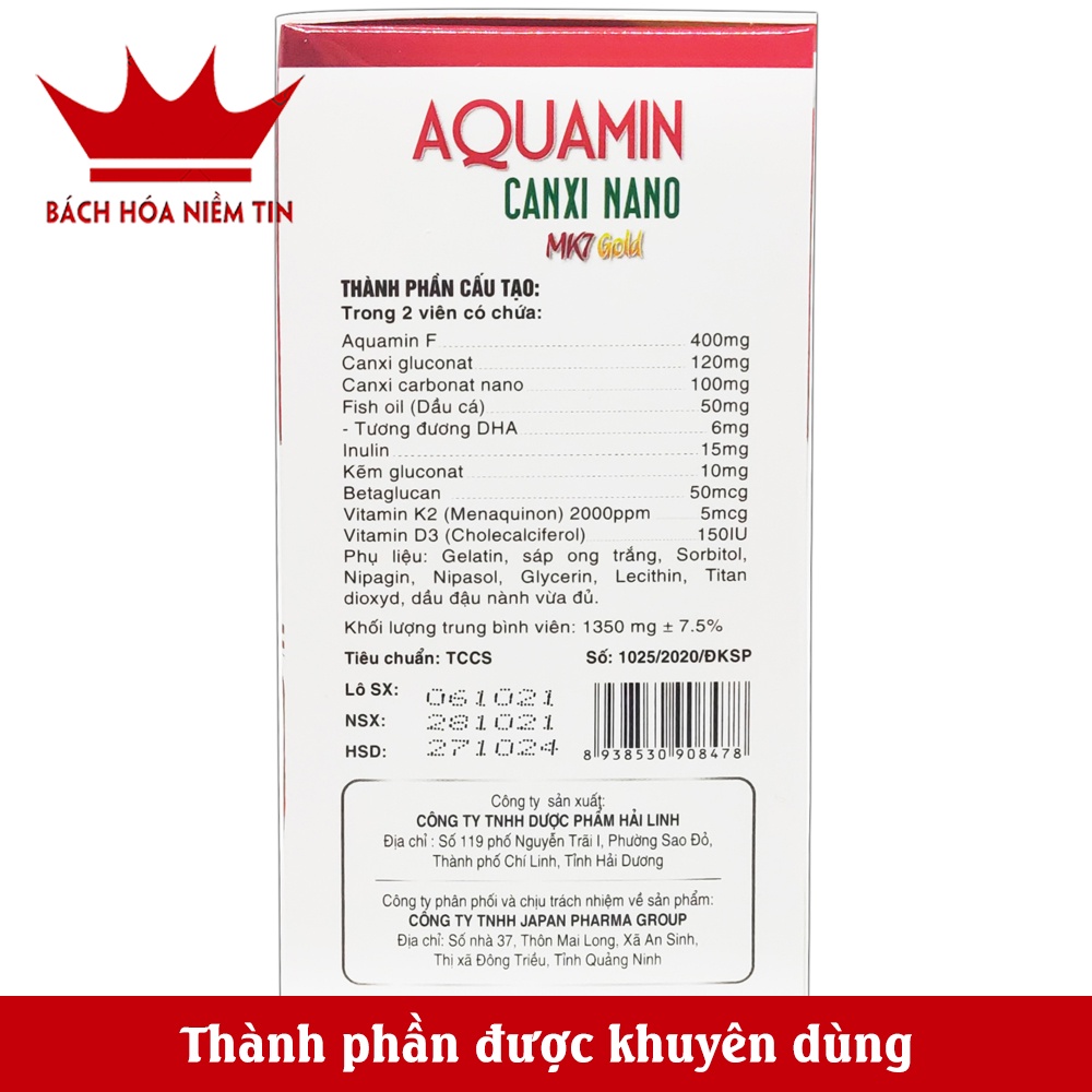 Viên uống Aquamin Canxi cho bà bầu, trẻ em, người lớn  + Bổ sung Canxi, Vitamin D3, Vitamin K2 từ tảo biển đỏ - Hộp 30v