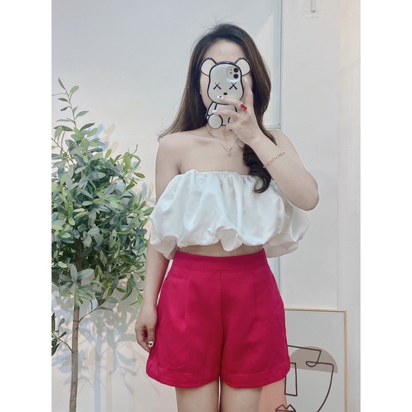 Set Áo Bí Trắng Kèm Quần Tacta Hồng,Đen (Freeship) Áo Cup Bí Bồng + Short