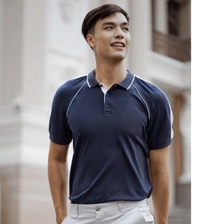 Áo thun polo nam xanh navy tay áo raglan phối viền sọc trắng POL008