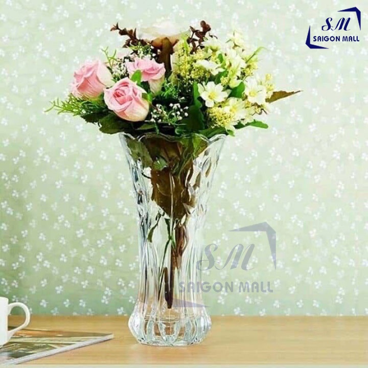 Lọ hoa bình bông thủy tinh cao 25CM TRẮNG TRONG họa tiết ngẫu nhiên