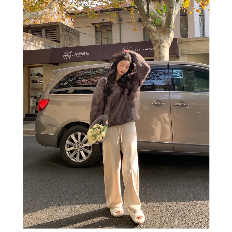 Porozi  Áo len Áo sweater tay dài dáng rộng cổ chữ V phong cách Hàn Quốc dành cho nữ