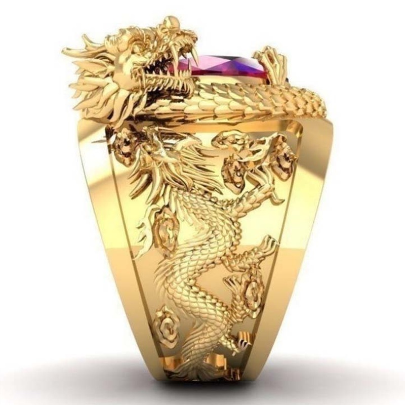 Nhẫn Mạ Vàng Đính Đá 3D Hình Rồng Đỏ Thời Trang Cho Nam