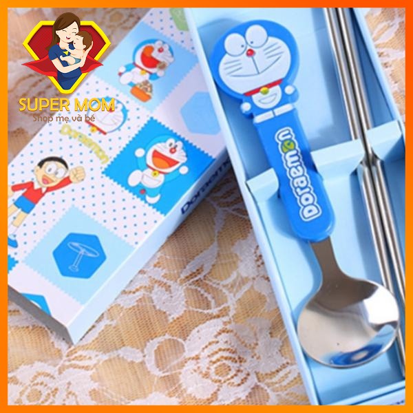 🔥Cao Cấp🔥 Bộ Đũa Thìa tập ăn 2 món inox chống gỉ cho bé hình Doremon Doraemon