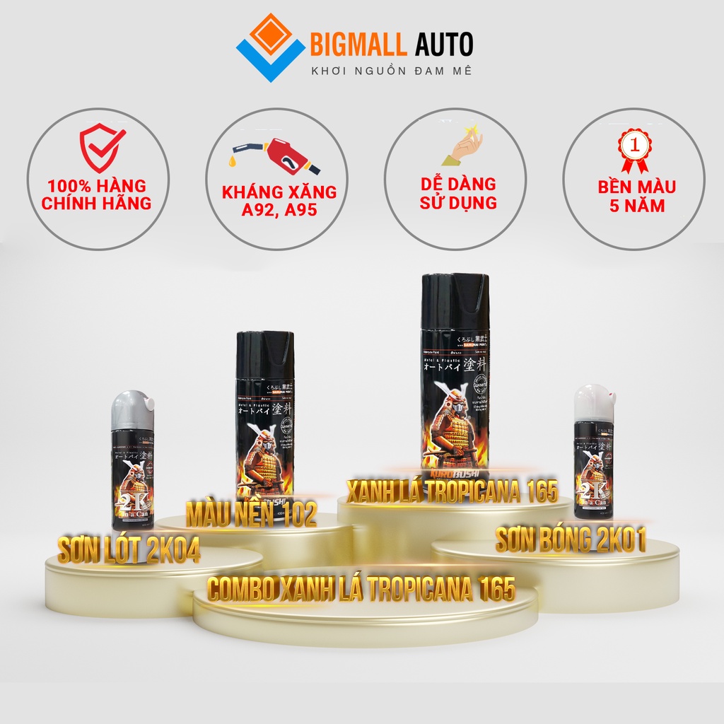 Combo sơn Samurai màu xanh lá tropicana 165 loại 2K chuẩn quy trình sơn xe máy độ bền 5 năm gồm 2K04 - 102 - 165 - 2K01
